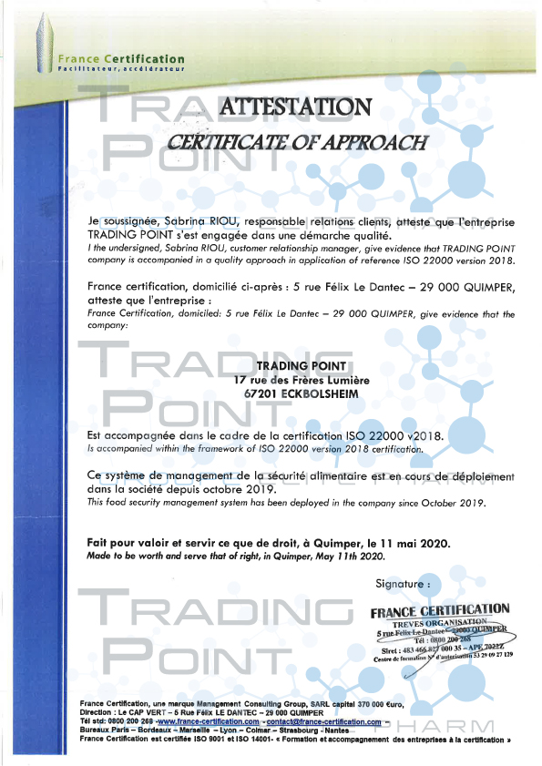 Сертификаты БАД Project V ISO 22 000 France